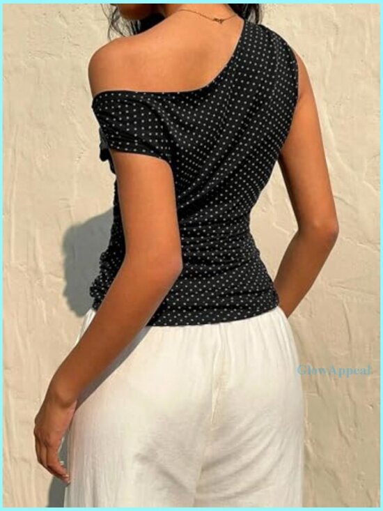Off Shoulder Sleeveless Tank Top Ruched Slim Fit Polka Dot Y2K - Picture 3 of 7